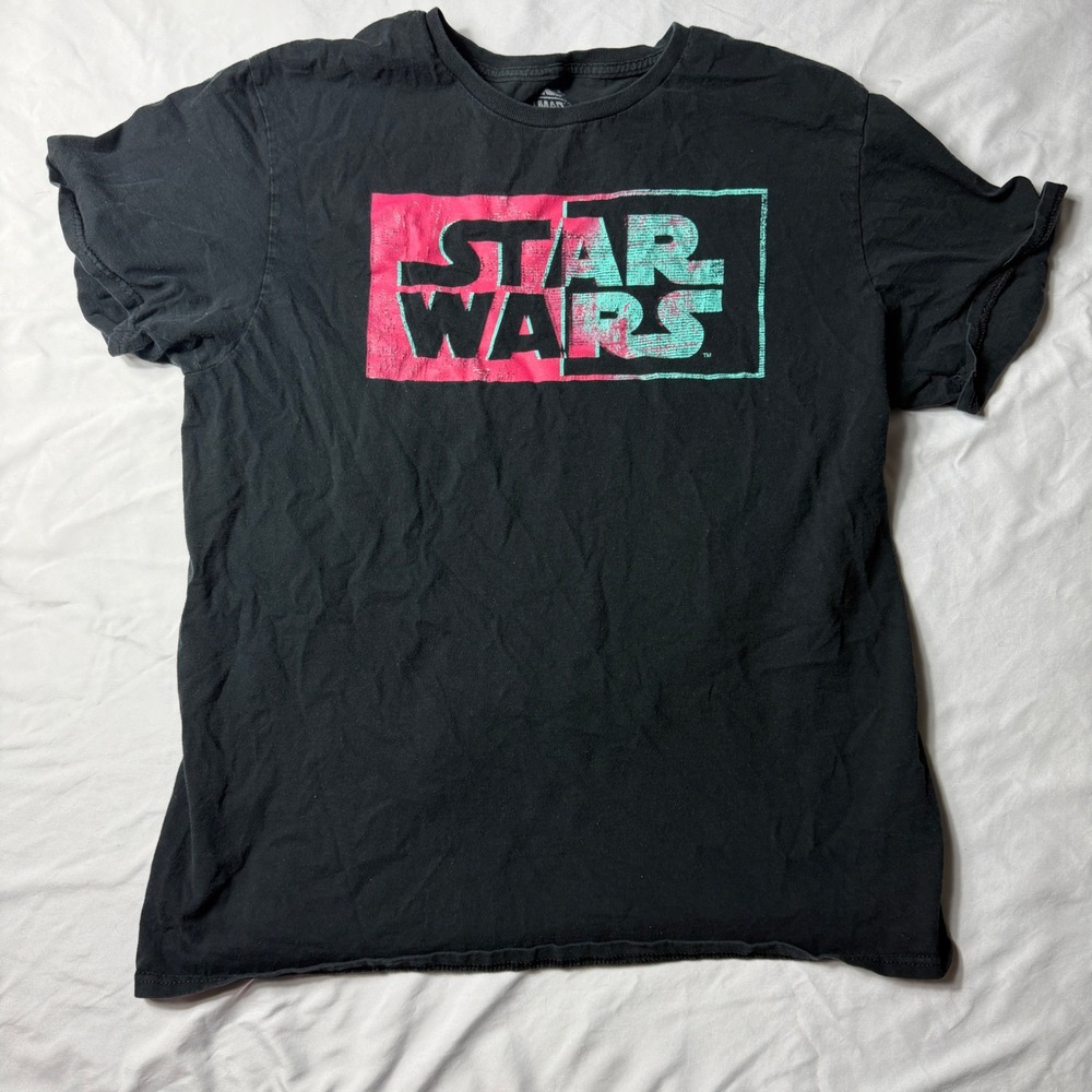Star Wars Mad Engine Mens Large Black T-Shirt Neon Pink Teal Split Logo Graphic
